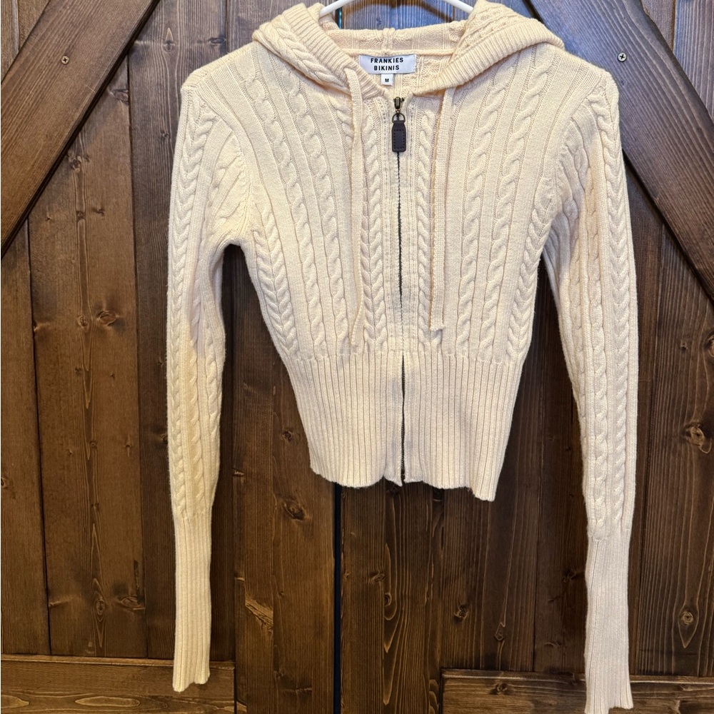 Frankie’s Bikinis cable knit cardigan sweater jacket full zip up and hooded, M